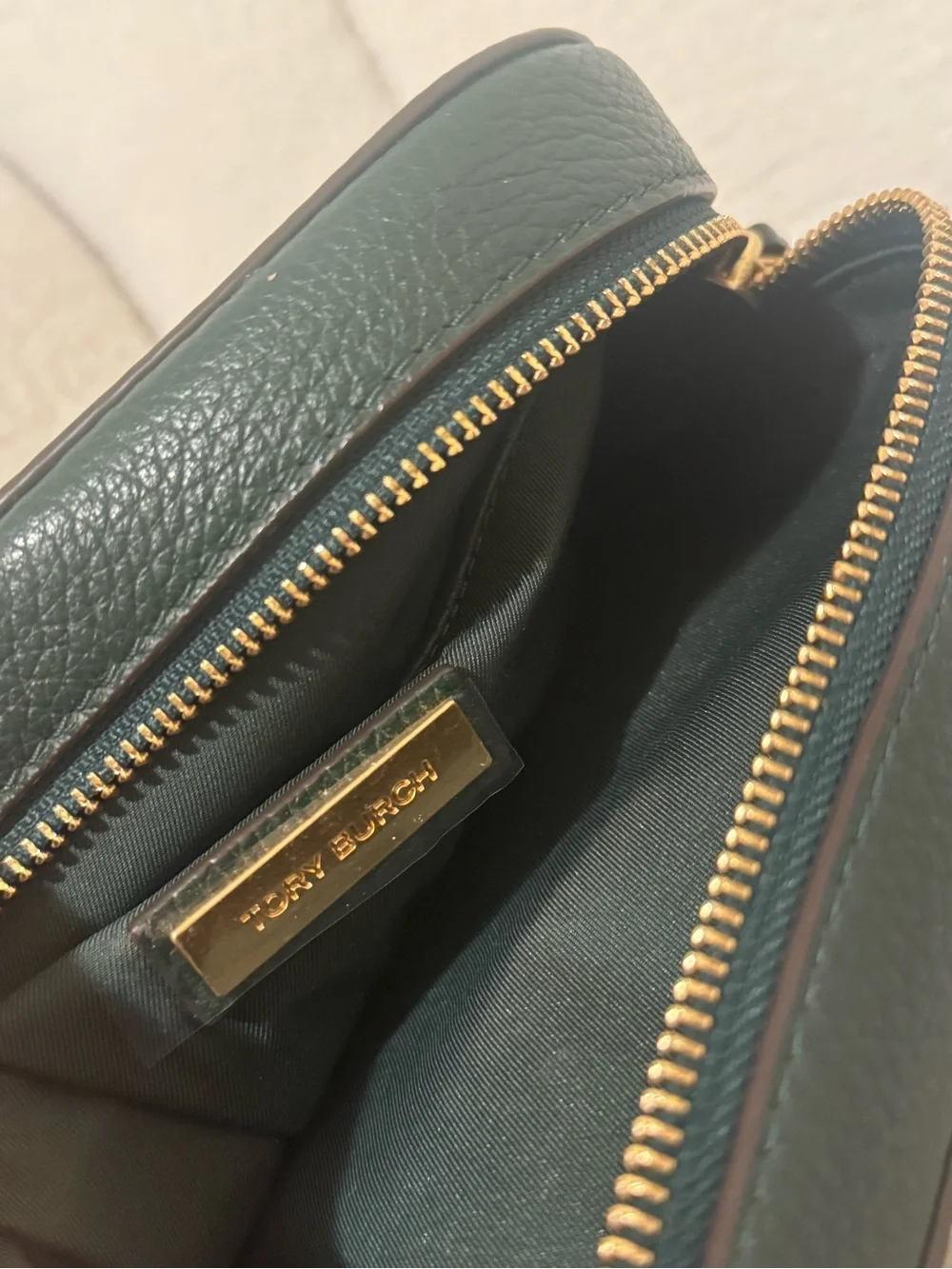 Tory Burch Dark Green Pebbled Leather Crossbody with Gold Chain